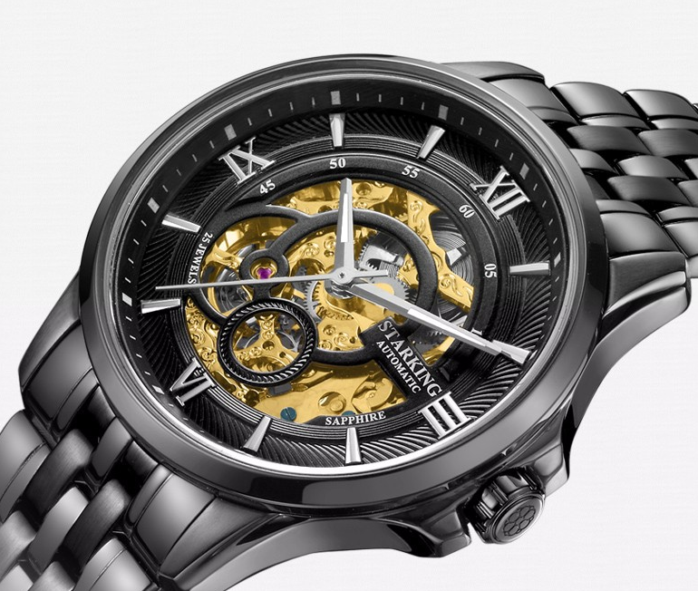 Sanctuary Watches - SK Swiss Automatic Black Total Atom Mechanical Skeleton Watch